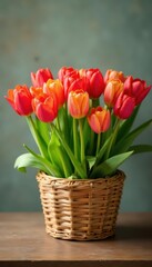 Vibrant tulips in a woven basket, wooden table , springtime, Netherlands, background