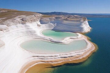 Naklejka premium Pristine white cliffs meet turquoise pools in a tranquil lake landscape. Aerial view showcases the unique geological formations