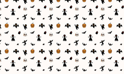 Cute Halloween Pattern – Spooky Cartoon Icons with Ghosts, Bats, Skulls & Witches in Black & Orange Vector Style