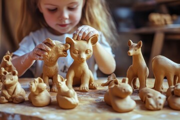 Child creating clay animal figures during a pottery session in a workshop