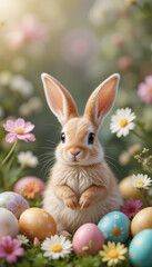 Adorable bunny sits amidst pastel Easter eggs vibrant flowers soft sunlight. AI Generated