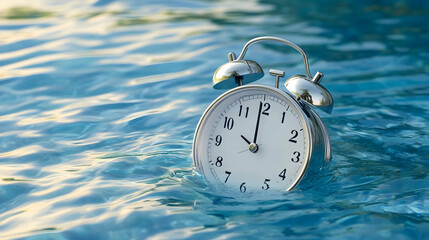 A waterproof floating alarm clock resting on a serene blue water surface