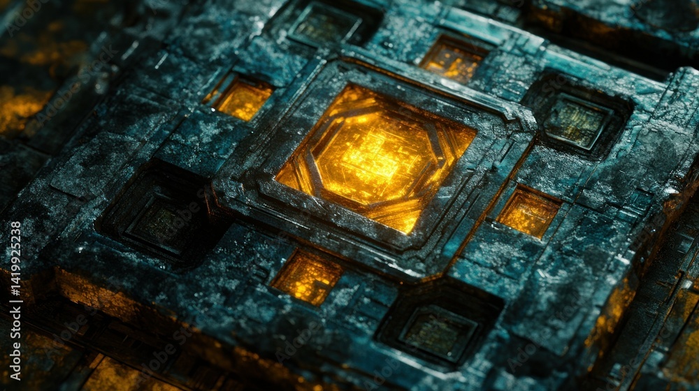 Poster a glowing geometric structure with intricate details in a square formation