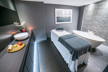 Luxurious Spa Room with Massage Table and Bathtub in Modern Ambiance