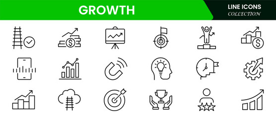 Growth line icons collection. Big UI icon set in a flat design. Thin outline icons pack. Vector illustration web line icon collection