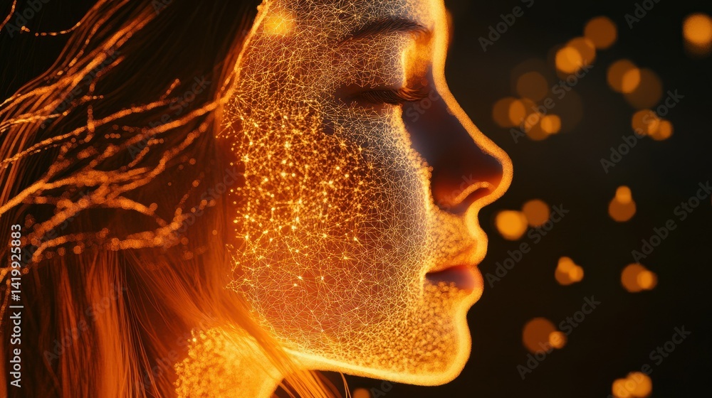 Poster a womans face glows with illuminated neural pathways and light