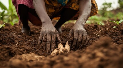 A person digging into the soil with their bare hands, searching for edible roots in desperation.