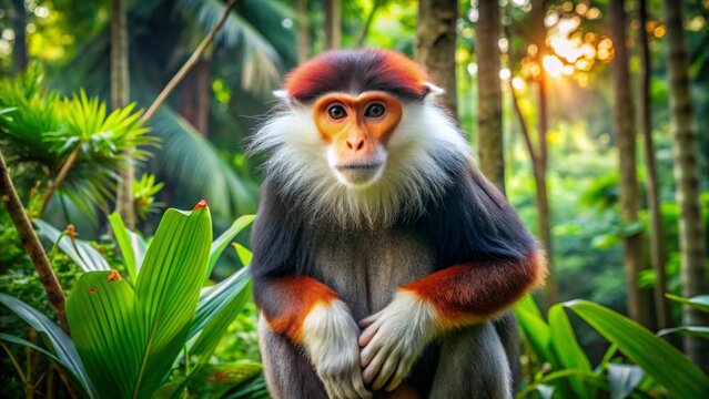 A Vibrant Red-Shanked Douc Langur Poses Amidst Lush Tropical Foliage, Basking in the Golden Hour's Gentle Rays
