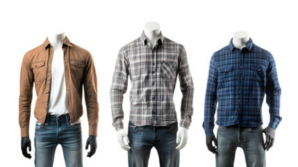 Three Male Mannequins in Casual Attire on White Background