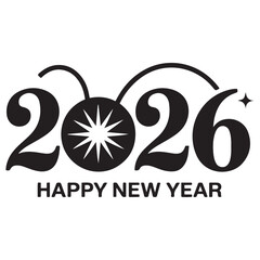 2026 Happy New Year logo text design. 2026 number design template. Collection of 2026 happy new year symbols. Vector Black silhouettes. with white background