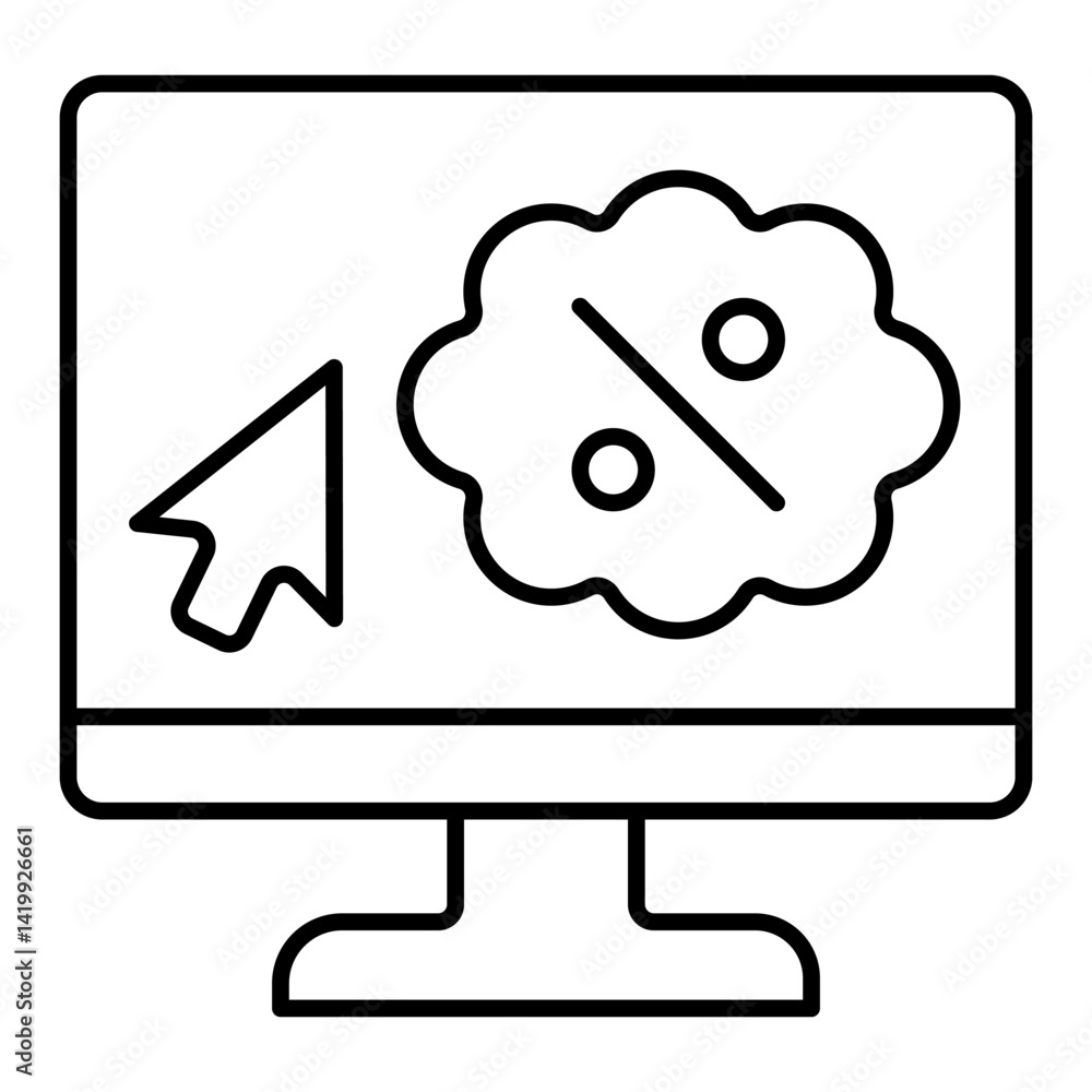 Poster online order display thin line icon, discount shopping concept. vector graphics. monitor, computer s