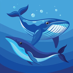 Naklejka premium A blue whale and a humpback whale swim side-by-side in the deep blue sea.