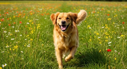 Happy Golden Retriever in Field, Photo