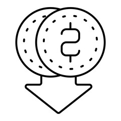 Coins alling down thin line icon, financial item concept. Vector graphics. Money income sign on white background, linear style for mobile or design.