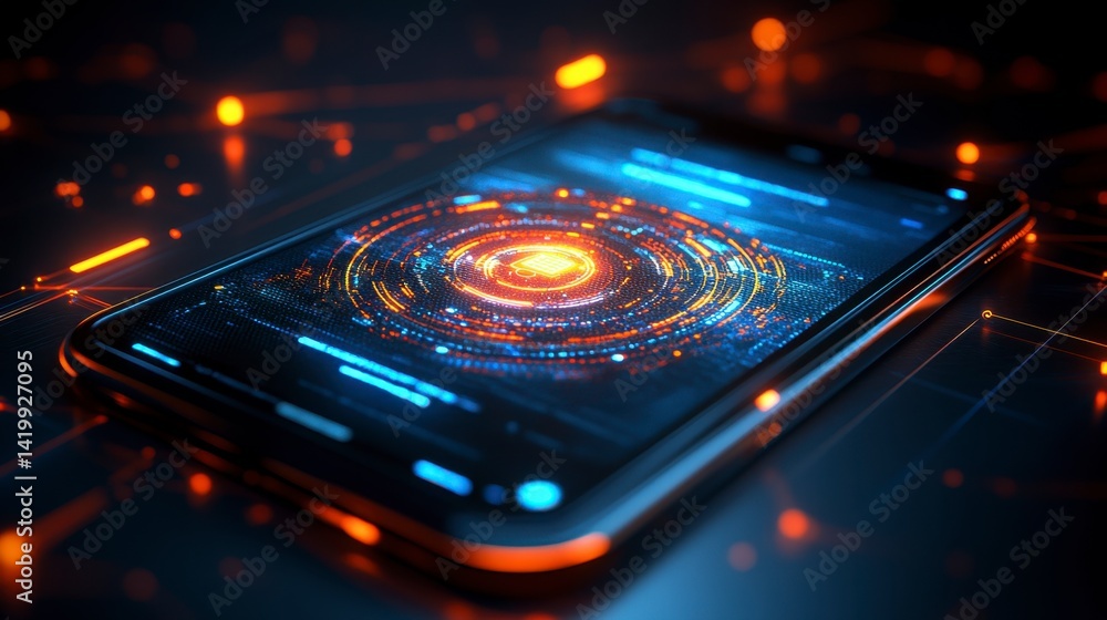 Poster abstract digital interface on a smartphone screen, glowing orange and blue particles forming circula