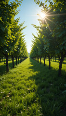 Obraz premium Vibrant green orchard path glows warmly under bright sunlight. AI Generated