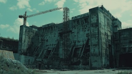A large concrete structure with a construction crane stands