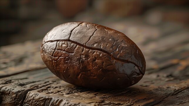 Close-up view of a roasted coffee bean resting on rustic wooden surface.