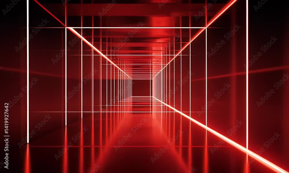 Poster red glowing lines and square shapes on a dark background, an empty virtual space with red laser beam