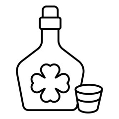 Bottle with strong drink and shot glass thin line icon, saint Patrick day concept. Vector graphics. Whisky bottle drink with clover sign on background, linear style for mobile or web.
