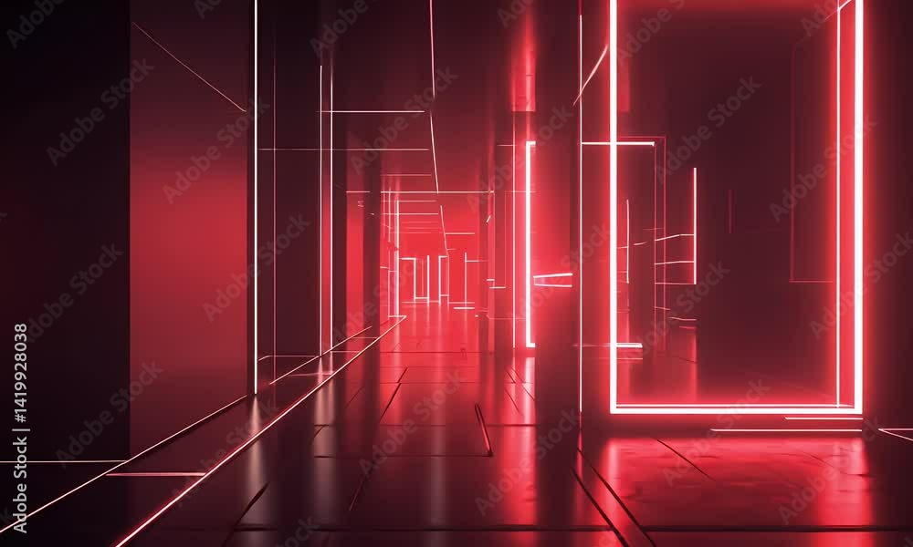 Poster red glowing lines and square shapes on a dark background, an empty virtual space with red laser beam