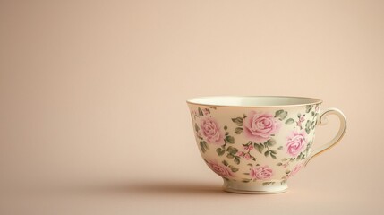 Elegant floral patterned ceramic teacup with pink roses and green leaves on a plain beige background, showcasing delicate vintage style and fine craftsmanship