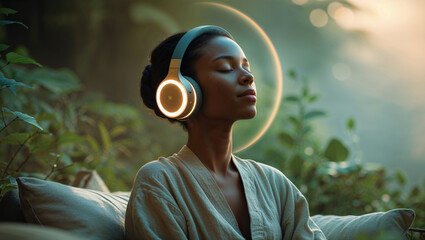 Serene Woman Enjoying Music With Headphones In Nature For Wellness And Mindfulness