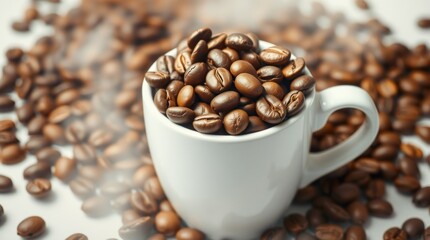 Fototapeta premium Aromatic coffee beans overflowing a small white cup, steam rising