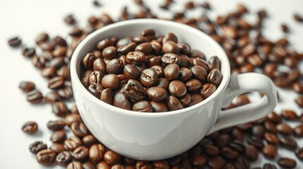 Fototapeta premium Roasted coffee beans in a white cup. Coffee beans are piled high in a simple white ceramic cup, surrounded by scattered beans on a light background