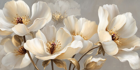 Close-up of creamy white flowers with gold accents, showcasing delicate petal texture and elegant composition, symbolizing grace, sophistication, and serenity