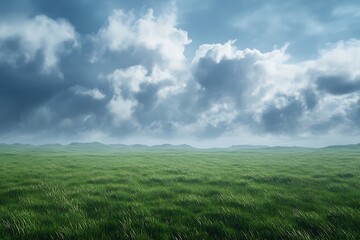 Obraz premium Serene Green Field Landscape Under Dramatic Cloudy Sky Scenery View Nature,