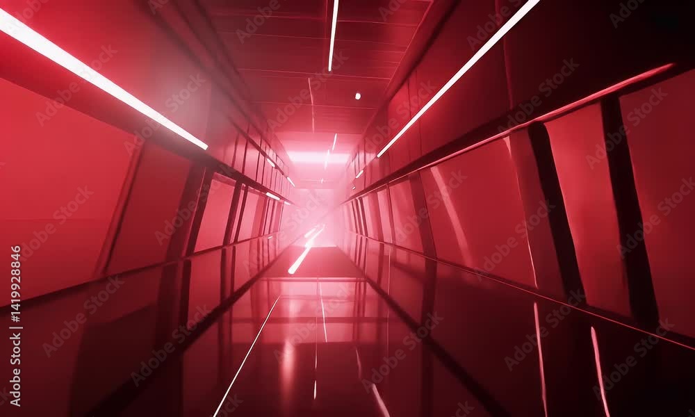Poster red glowing lines and square shapes on a dark background, an empty virtual space with red laser beam