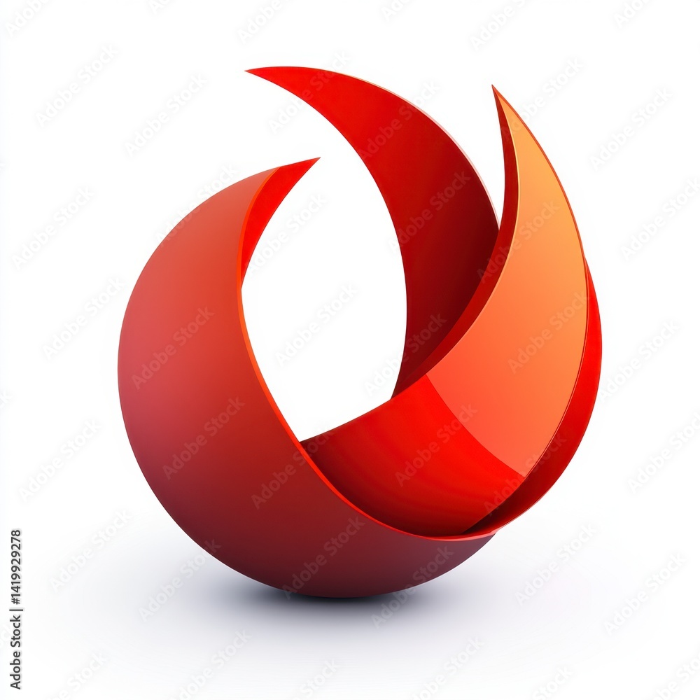Poster abstract red and orange 3d shapes interlock, creating a dynamic and modern design. white background.