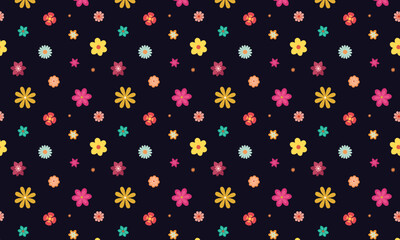 Retro Floral Pattern – Colorful 1960s-Inspired Flowers with Polka Dots on Dark Navy Background in Seamless Vintage Design