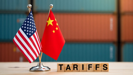 United States tariffs policy, USA and China trade war concept. Flag of china and america. Increased tariffs and import duty on products