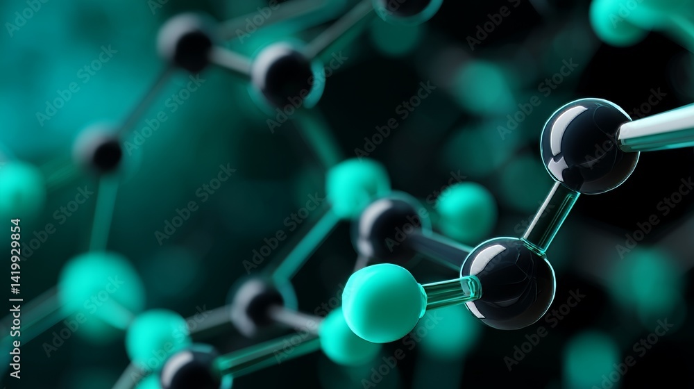 Poster the image depicts a 3d illustration of a molecule model set against a science background