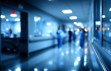 A hospital corridor with a blurred medical background is illuminated in neon blue