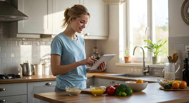 A woman in a modern kitchen uses a tablet to browse recipes, surrounded by fresh ingredients and a bright, inviting atmosphere.