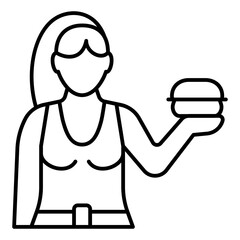 Woman with burger in hand thin line icon, eat what you want concept. Vector graphics. Girl with hamburger at palm, food sign on white background, linear style for mobile or design.