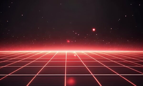 Red grid background with laser beams and glow effects, creating an immersive sci-fi atmosphere for video games or digital visuals. The red light rays add depth to the scene, enhancing the visual impac