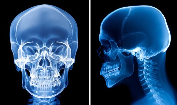 Image of a human skull in X-ray, showcasing both front and side views with exceptional quality, displayed in blue against a black backdrop