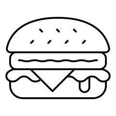 Hamburger bun with meat patty, salad and cheese thin line icon, fastfood concept. Vector graphics. Bakery product sign on white background, linear style for mobile or design.