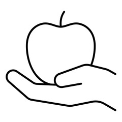 Apple on hand palm thin line icon, grocery products concept. Vector graphics. Fresh fruit sign on white background, linear style for mobile or design.