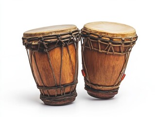 Pair of aged wooden drums on white background. Rich brown tones, intricate lacing details.