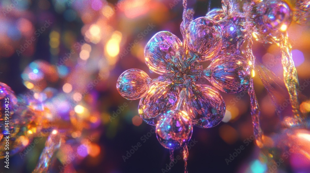 Poster abstract composition of vibrant crystalline structures in an iridescent display