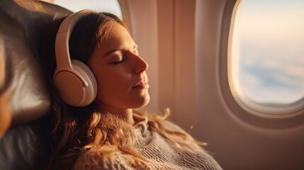 A woman is wearing headphones and sleeping on a plane