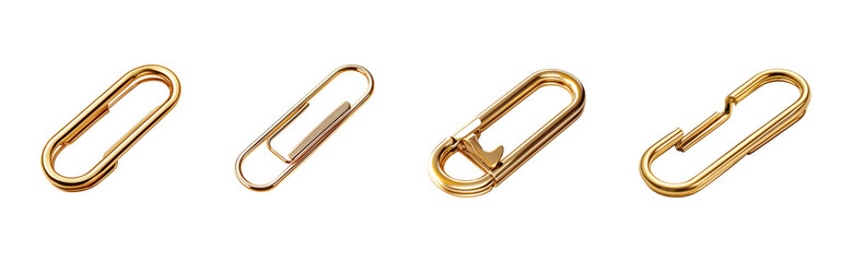 Gold-toned oval-shaped paper clips in a collection.