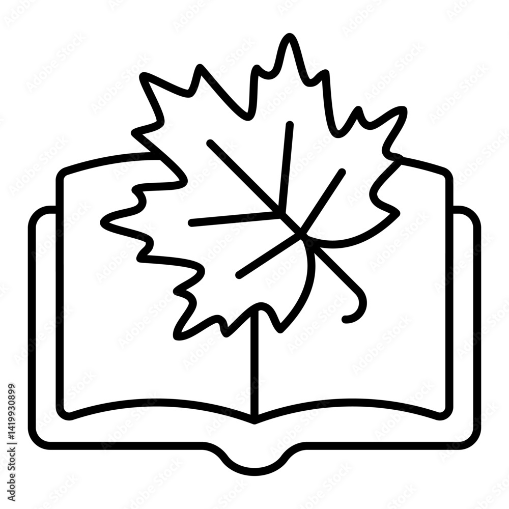 Poster maple tree leaf at book thin line icon, autumn reading concept. vector graphics. opened textbook and