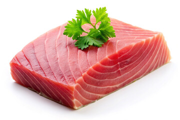 big tuna fish slice in a plate on solid white background