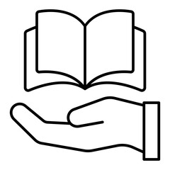 Book with hand palm thin line icon, translate worker holiday concept. Vector graphics. Opened textbook and hand sign on white background, linear style for mobile or design.
